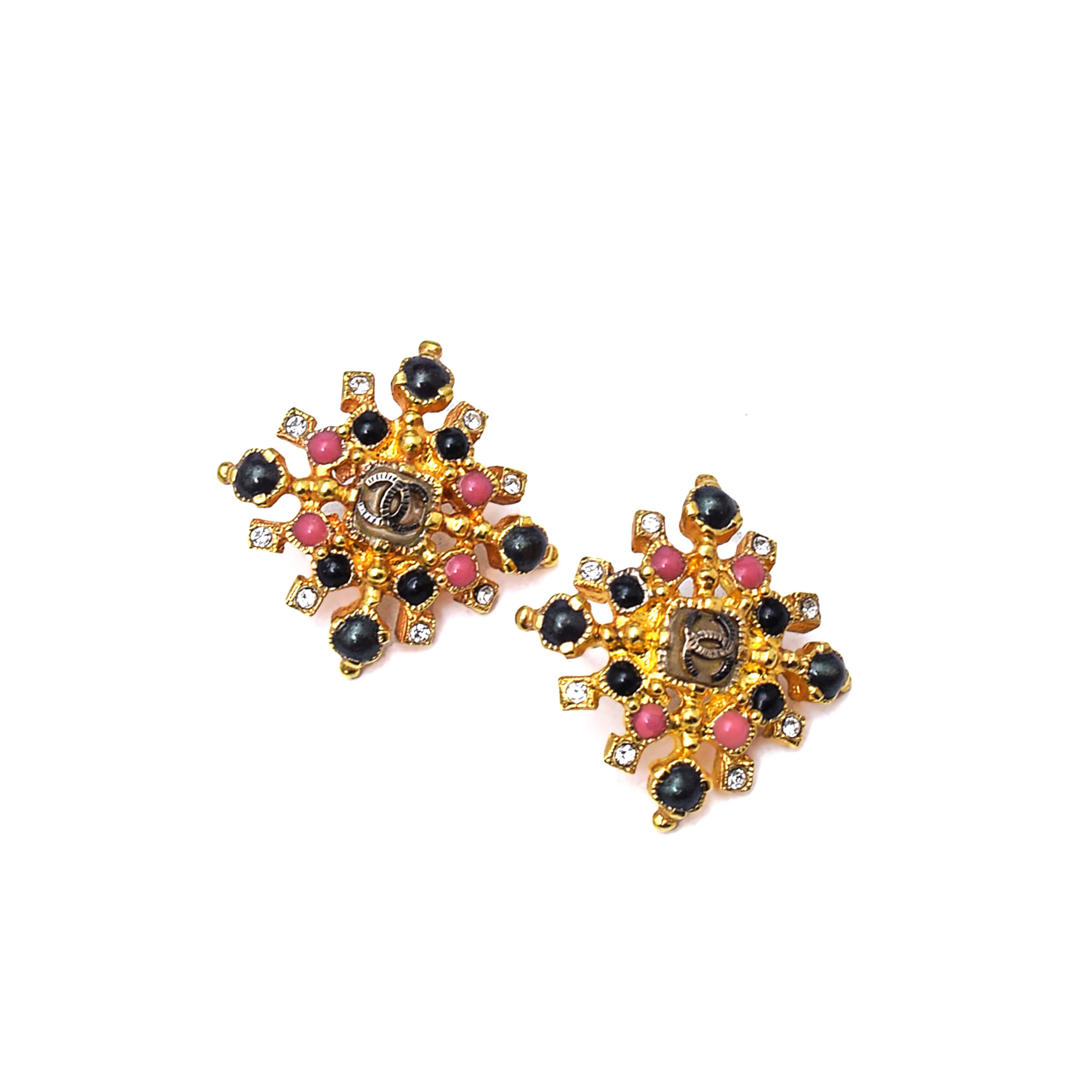 Chanel - Gold Tone Black & Pink Crystal Earrings